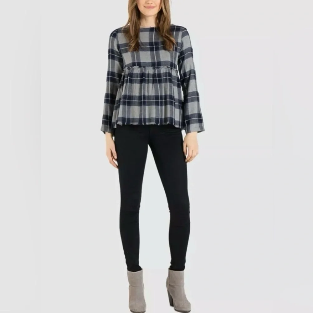 Philosophy Grey Navy & White Plaid Flannel Blouse Size Extra Small